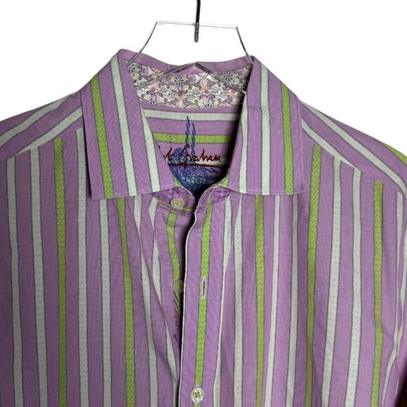 ROBERT GRAHAM Mens size Large Purple stripe dress shirt flip cuffs - Picture 2 of 13